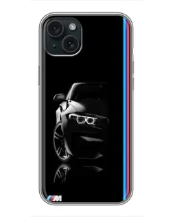 Чехол для iPhone 15 Plus с картинкой «Силуэт BMW в темноте»
