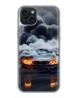 Чехол для iPhone 15 Plus с картинкой «BMW в дыму»