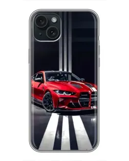 Чехол для iPhone 15 Plus с картинкой «Красная BMW на дороге»