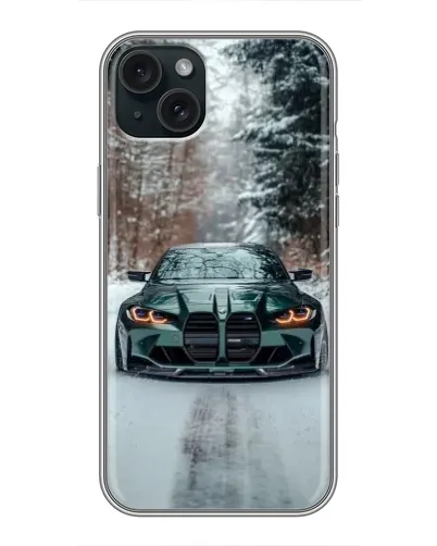 Чехол для iPhone 15 Plus с картинкой «BMW в зимнем лесу» Чехол для iPhone 15 Plus с картинкой «BMW в зимнем лесу»