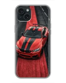 Чехол для iPhone 15 Plus с картинкой «BMW на красной дорожке»
