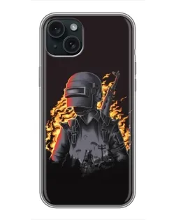 Чехол для iPhone 15 Plus с картинкой «PUBG — огненный силуэт»