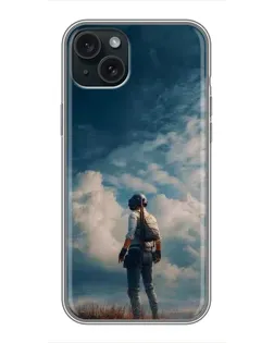 Чехол для iPhone 15 Plus с картинкой «Герой PUBG на скале»