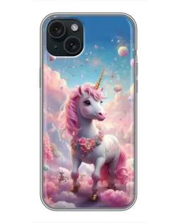 Чехол для iPhone 15 Plus с картинкой «Единорог среди облаков»