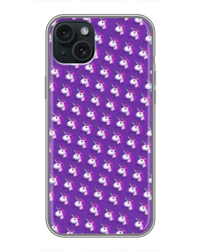 Чехол для iPhone 15 Plus с картинкой «Единороги на фиолетовом»