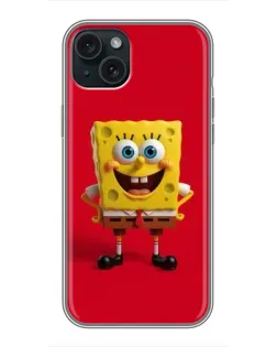 Чехол для iPhone 15 Plus с картинкой «Спанч Боб на красном»