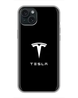Чехол для iPhone 15 Plus с картинкой «Tesla White Logo»