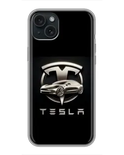 Чехол для iPhone 15 Plus с картинкой «Tesla — серебристое авто»