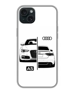 Чехол для iPhone 15 Plus с картинкой «Audi — контрастный дизайн»
