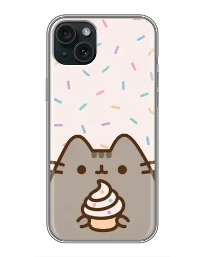 Чехол для iPhone 15 Plus с картинкой «Пушин с кексом»