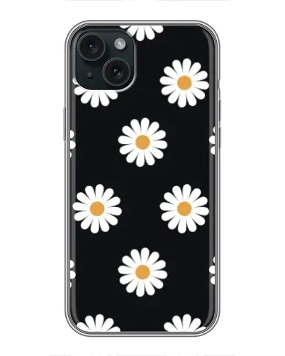 Чехол для iPhone 15 Plus с картинкой «Ромашки на черном»