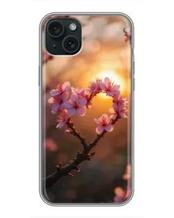 Чехол для iPhone 15 Plus с картинкой «Розовый цвет сердце на фоне заката»