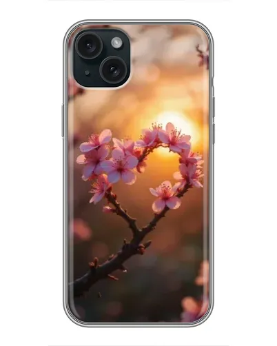 Чехол для iPhone 15 Plus с картинкой «Розовый цвет сердце на фоне заката»