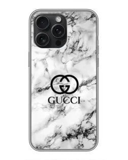 Чехол для iPhone 15 Pro Max с картинкой «Gucci — мраморный шик»