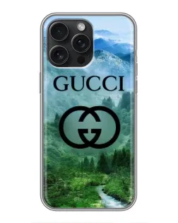 Чехол для iPhone 15 Pro Max с картинкой «Gucci — горный пейзаж»