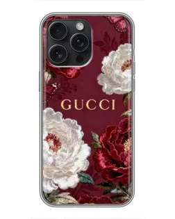Чехол для iPhone 15 Pro Max с картинкой «Gucci — бордовые розы»