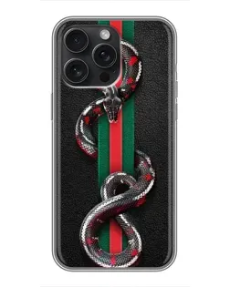 Чехол для iPhone 15 Pro Max с картинкой «Gucci — змея на полосе»