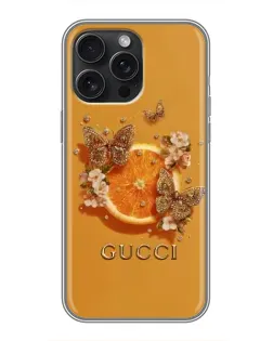 Чехол для iPhone 15 Pro Max с картинкой «Gucci — золотые бабочки»