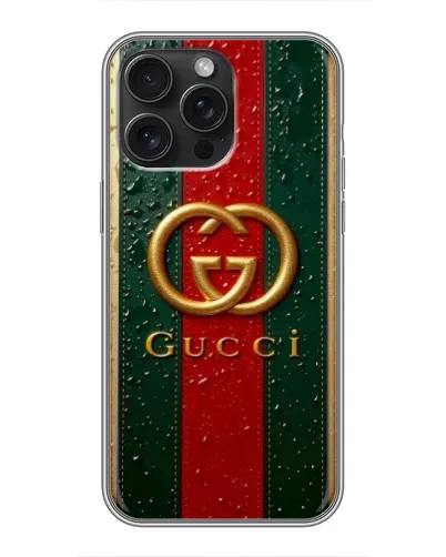 Чохол для iPhone 15 Pro Max з картинкою «Gucci — фірмова смуга та золото» Чохол для iPhone 15 Pro Max з картинкою «Gucci — фірмова смуга та золото»
