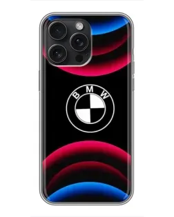 Чехол для iPhone 15 Pro Max с картинкой «Логотип BMW и неоновые дуги»
