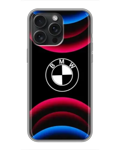 Чехол для iPhone 15 Pro Max с картинкой «Логотип BMW и неоновые дуги»