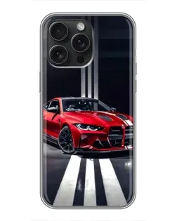 Чехол для iPhone 15 Pro Max с картинкой «Красная BMW на дороге»