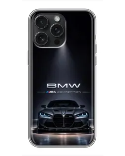 Чехол для iPhone 15 Pro Max с картинкой «BMW сквозь ночной город»