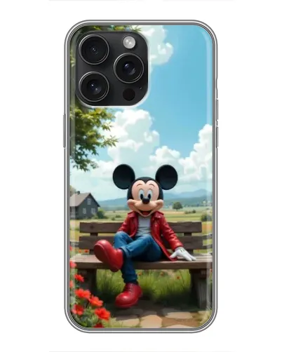 Чехол для iPhone 15 Pro Max с картинкой «Микки на скамейке»