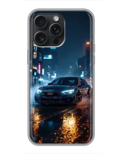 Чехол для iPhone 15 Pro Max с картинкой «Ночной город и Audi»