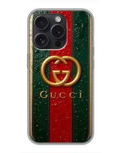 Чохол для iPhone 15 Pro з картинкою «Gucci — фірмова смуга та золото» Чохол для iPhone 15 Pro з картинкою «Gucci — фірмова смуга та золото»
