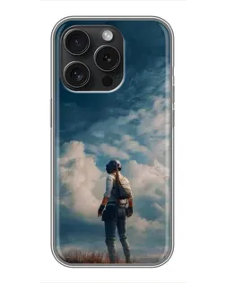 Чохол для iPhone 15 Pro з картинкою «Герой PUBG на скелі»