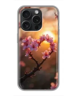 Чехол для iPhone 15 Pro с картинкой «Розовый цвет сердце на фоне заката»
