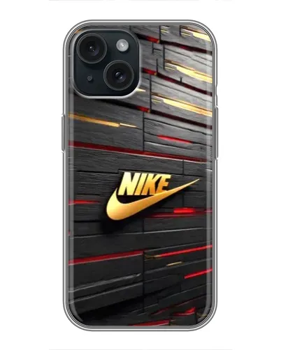 Чехол для iPhone 15 с картинкой «Золотой Nike на металле»