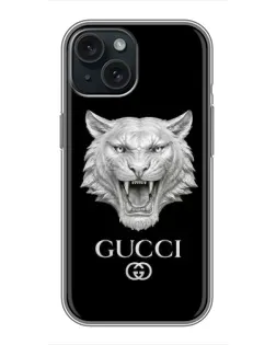 Чехол для iPhone 15 с картинкой «Gucci — серебряный лев»