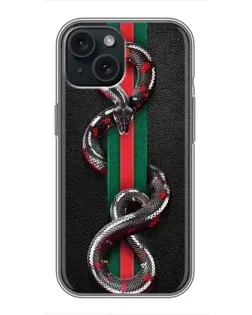 Чехол для iPhone 15 с картинкой «Gucci — змея на полосе»