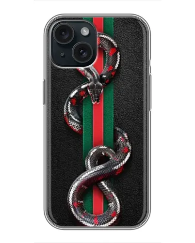 Чехол для iPhone 15 с картинкой «Gucci — змея на полосе» Чехол для iPhone 15 с картинкой «Gucci — змея на полосе»