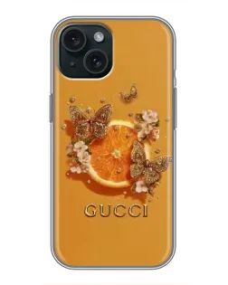 Чехол для iPhone 15 с картинкой «Gucci — золотые бабочки»