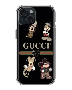 Чехол для iPhone 15 с картинкой «Gucci — герои Disney и монограмма»