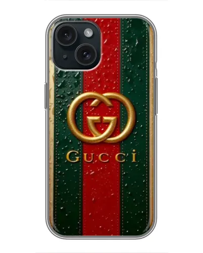 Чехол для iPhone 15 с картинкой «Gucci — фирменная полоса и золото» Чехол для iPhone 15 с картинкой «Gucci — фирменная полоса и золото»