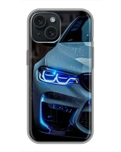 Чохол для iPhone 15 з картинкою «Погляд BMW з синіми фарами»
