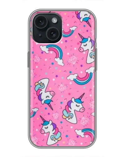 Чехол для iPhone 15 с картинкой «Unicorn паттерн розовый»