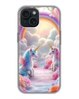 Чехол для iPhone 15 с картинкой «Радуга и единороги»