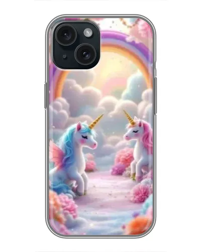 Чехол для iPhone 15 с картинкой «Радуга и единороги»