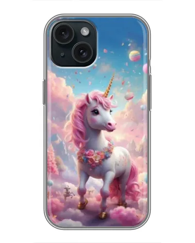 Чехол для iPhone 15 с картинкой «Единорог среди облаков»