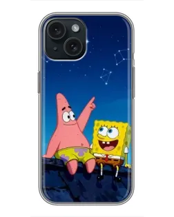 Чехол для iPhone 15 с картинкой «Губка Боб и Патрик ночью»