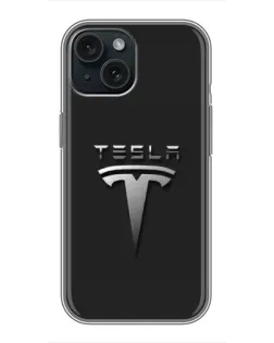 Чохол для iPhone 15 з картинкою «Сталевий логотип Tesla»