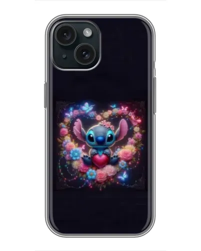 Чехол для iPhone 15 с картинкой «Stitch в цветах»