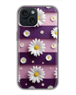 Чохол для iPhone 15 з картинкою «Ромашки на фіолетовому»