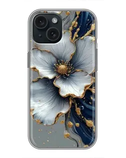 Чехол для iPhone 15 с картинкой «Белый цветок и золотой флюид»