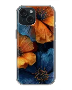 Чехол для iPhone 15 с картинкой «Яркая сине-оранжевая флора»